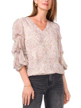Vince Camuto Women's Printed V-Neck Lantern-Sleeve Top Size M